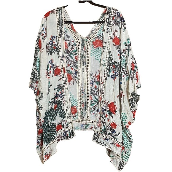 Anthropologie En Creme Cover Up Top Size L Kimono Crochet Cream Red Floral Boho - Picture 1 of 8